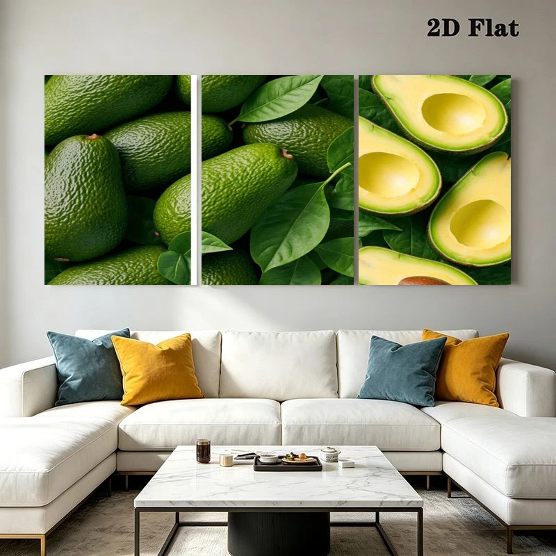 2D Flat, 3pcs Minimalist Avocado Wall Art Prints, Whole Avocado, Sliced Avocado and Avocado with Leaf, Frameless Art Prints f