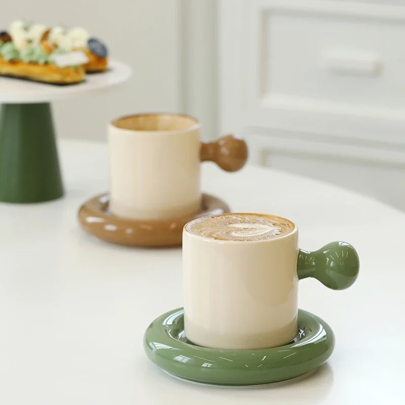 Retro Coffee Cup And Saucer Set Nordic Ceramic Mug Sphere Handle Beverage Holder Office Desk Water Goblet Stylish Drinkware