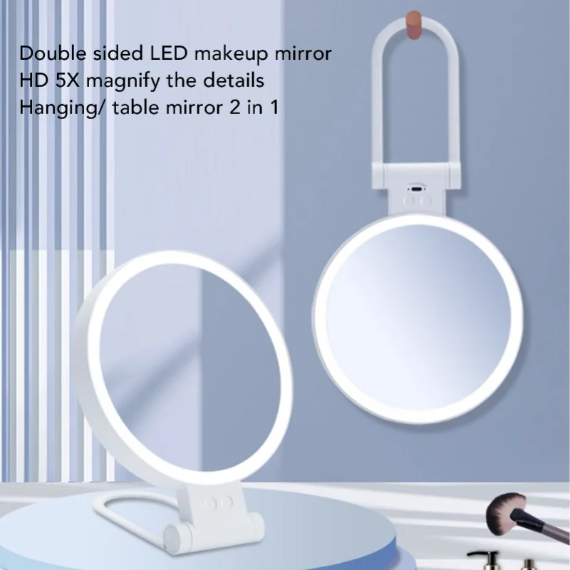 

Double Sided Magnifying Mirror 1X 5X With LED Light And Folding Handle Table Top Vanity Mirror For Dorm Bedroom Bathroom Travel