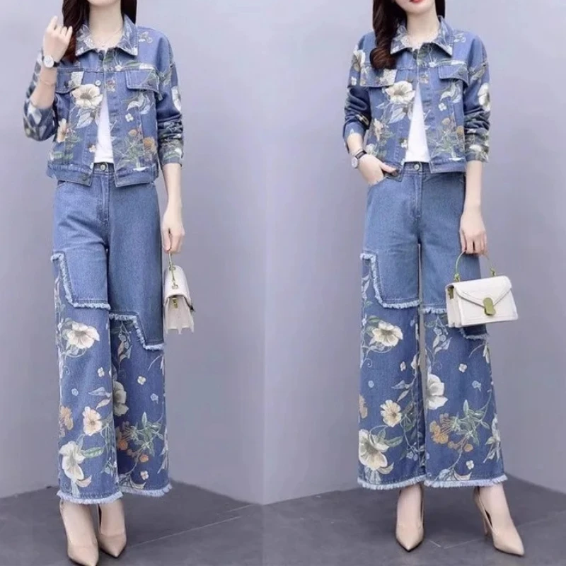 

Denim 2 Piece Sets Women Jeans Suit Jackets Coat Wide Leg Pants Flower Print Trousers Outfits Matching Sets Autumn 2025 Y2k