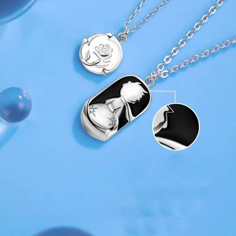 جديد Hot البيع الفضة اللون بالتنقيط الغراء تنقش ارتفع الأمير الصغير قلادة موضة زوجين قلادة عيد الحب مجوهرات هدية X48 #2
