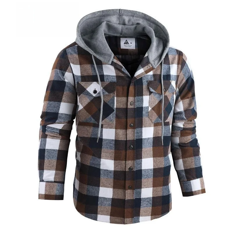 ZITY Mens Brown Plaid Hooded Flannel Shirt Long Sleeve Casual Comfortable Breathable Soft Fabric Easy Care Shirt for Spring