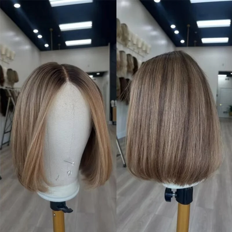 Dirty Ash Blonde White Balayage Highlights Wig Synthetic Fiber Mix Human Hair Wig Center Parting Short Bob Womens Lace Front Wig