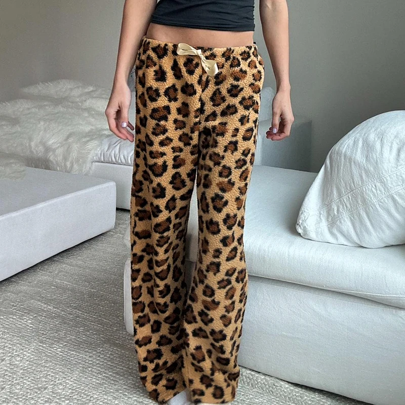 BIIKPIIK Leopard Furry Pants Loungewear Lace-up Casual Slacks Lady Fashion Streetwear Trousers Autumn Winter Warm Bottom Clothes