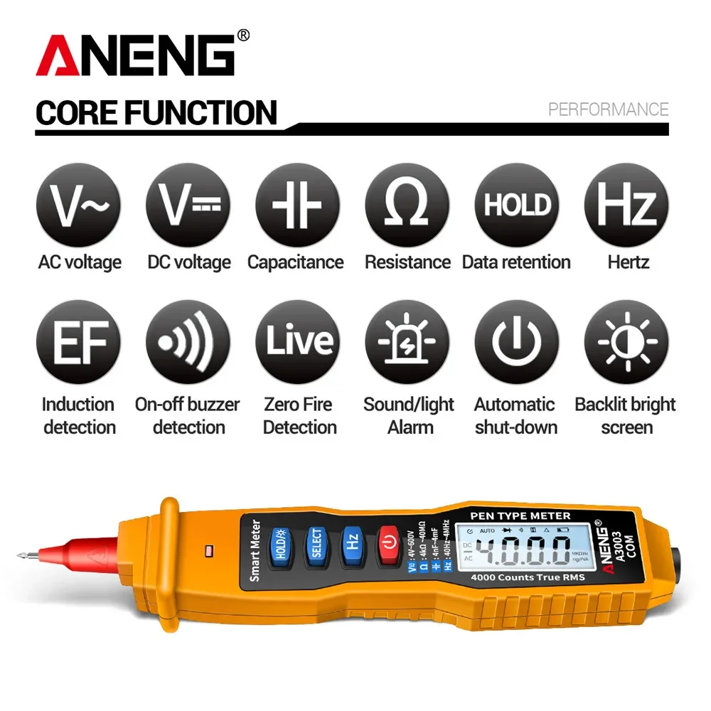 ANENG-A3003 디지털 멀티미터 펜 타입 측정기 4000 카운트, 비접촉 AC/DC 전압 저항 정전용량 Hz 테스터 도구 포함