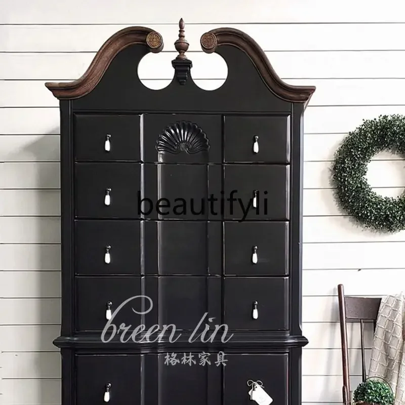 178American retro solid wood side cabinet, old black, French home carved storage cupboard