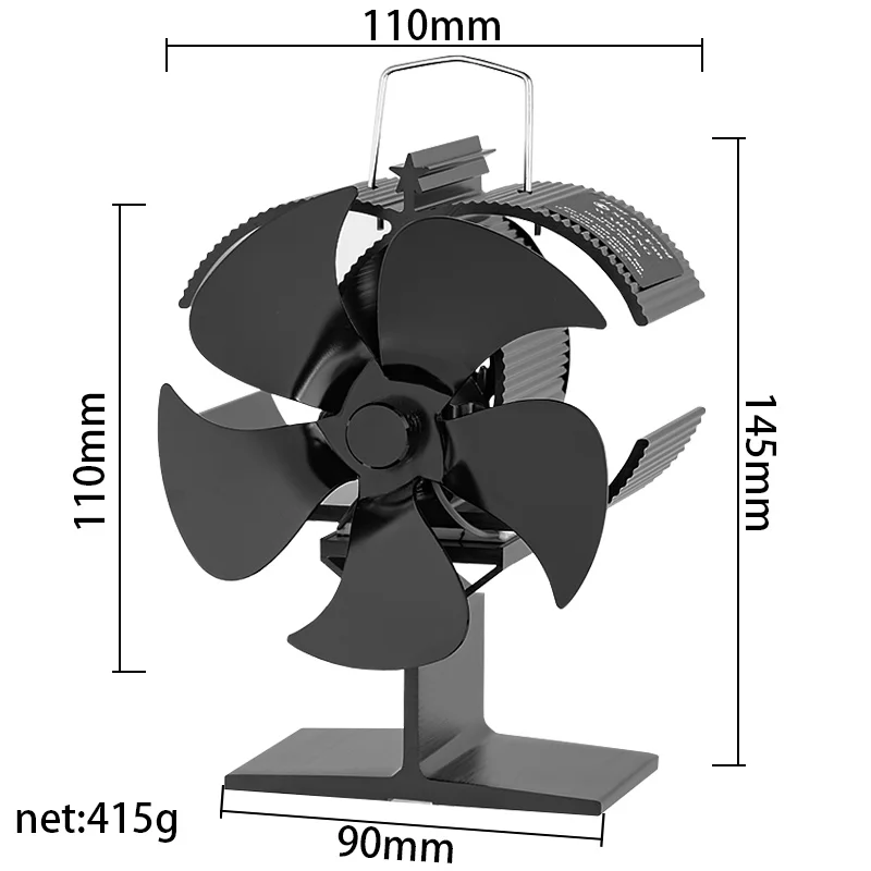 Mini calor preto ventilador do fogão, queimador de madeira de log, Eco-ventilador, lareira silenciosa, casa, distribuição de calor eficiente mais quente, 5 lâminas