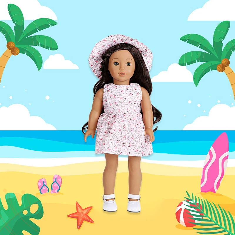 Zestaw sukienek z kapeluszem pasuje do 16-18 cali/40-45 cm Born Baby Doll ubranka Rebirth Doll amerykańska dziewczyna sukienka w kwiaty kapelusz przeciwsłoneczny akcesoria dla lalek prezent — zdjęcie 3
