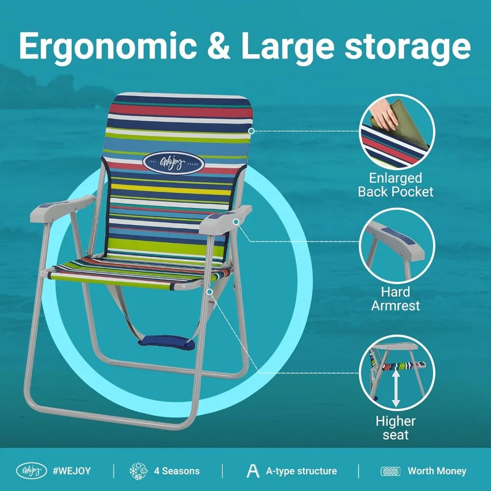 Folding Beach Chair for Adults, Lightweight Beach Chair with Shoulder Straps, High Back Beach Chairs with Hard Armrest