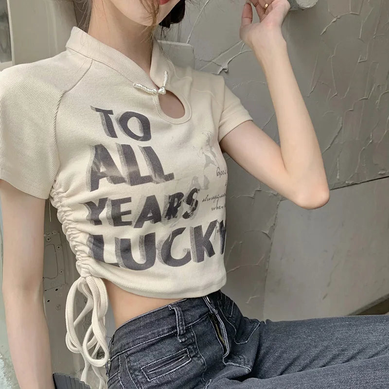 Women Fashion Chinese Style Crop Tops Lady Outside Ruched Tie Up Daily Clothes Female Letter Printing Short sleeved T-shirts