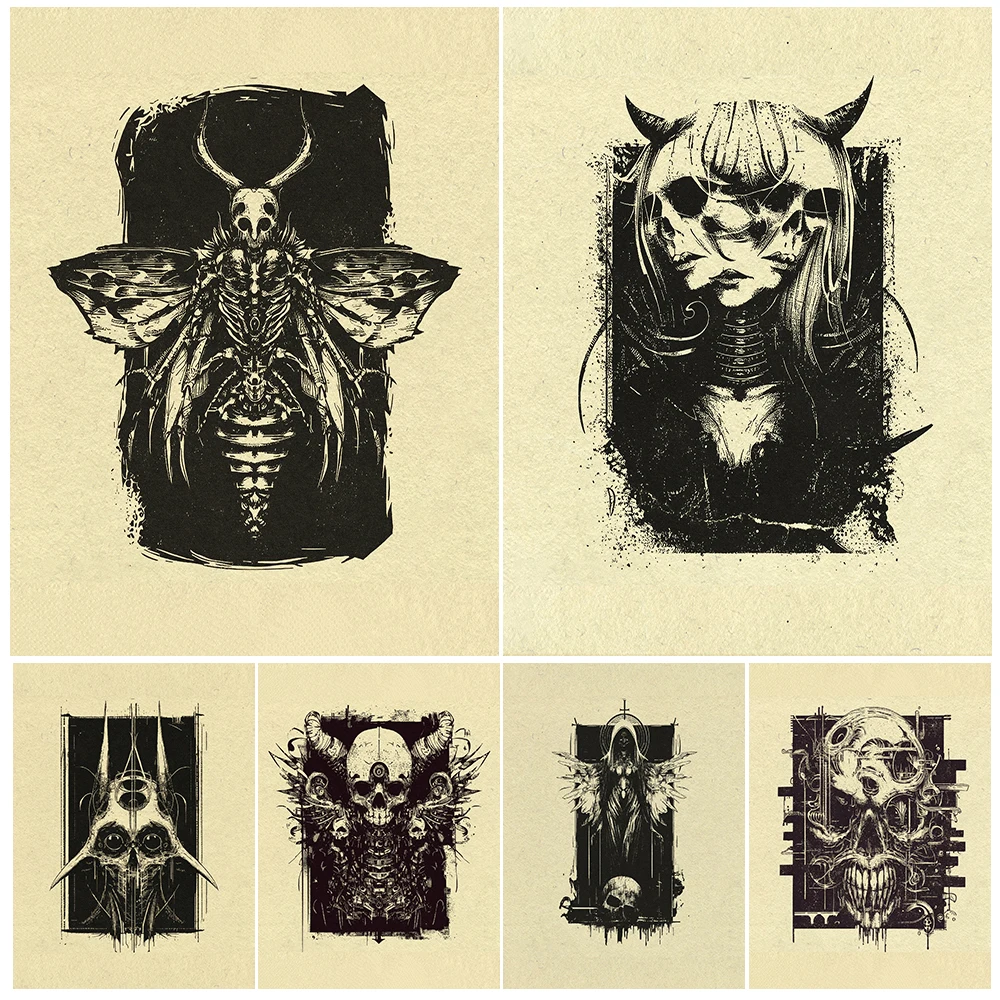 Horror Gothic Witchcraft Art Poster And Print Decor Skeleton Moth And Fallen Angel Art Poster And Print Home Decoration Unframed