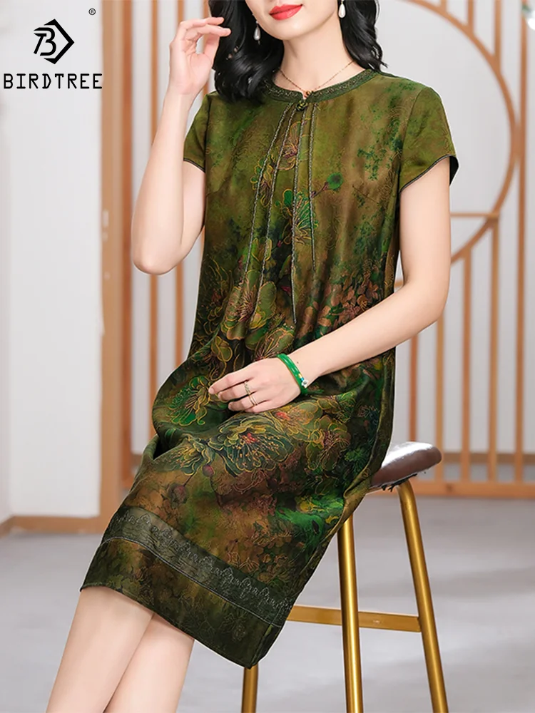 

BirdTree, Watered Gauze, 100%Real Silk Elegant Dresses, Women Short Sleeve Flower, Oversize Chinese Mom Dress, Summer D44839QM