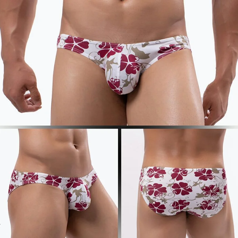 Low Waist Soft Underwear Men Sexy Floral Printed Panties Lingerie Briefs U Convex Thin Breathable Underpants Bikini Slip Homme