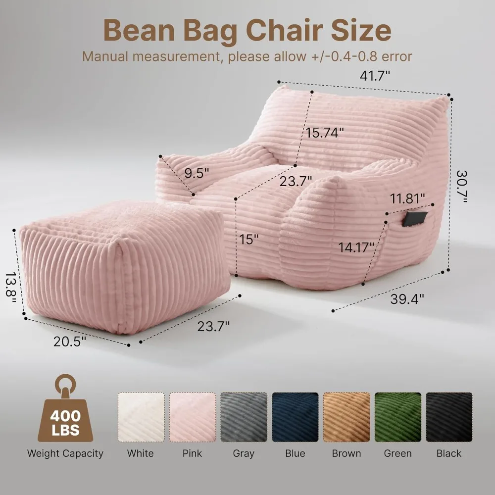 Oversized Bean Bag Chair with Ottoman and 2 Side Pockets, Soft Lounge Couch for Living Room