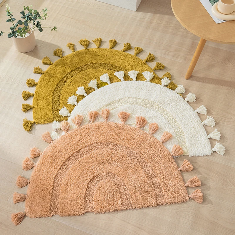 Semicircle Cotton Rug Handmade Tassels Mat Soft Kids Pet Game Play Area Carpet Children Bedroom Decorative Pad Home Room Decor