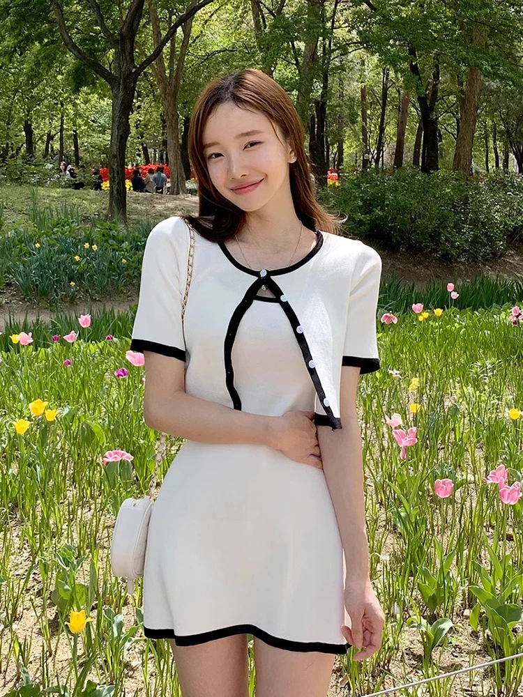 Korejpaa Korean Fashion Dresses Set Summer Sweet Contrasting Color Versatile Short Sleeved Jacket+knitted Suspender Dress