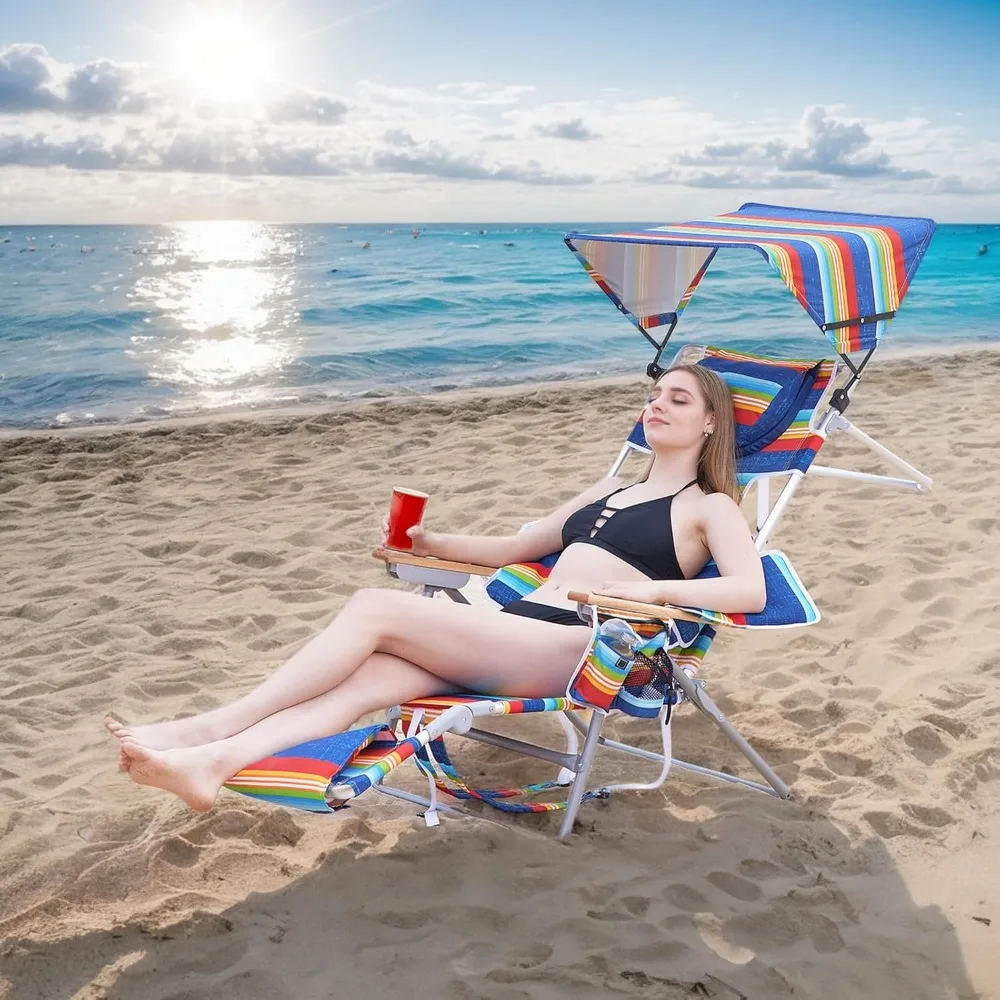 Oversized Heavy Duty Backpack Beach Chair with Sun Canopy, Reclining Lounge Chair Tanning Chair with Face Hole, 5-Position