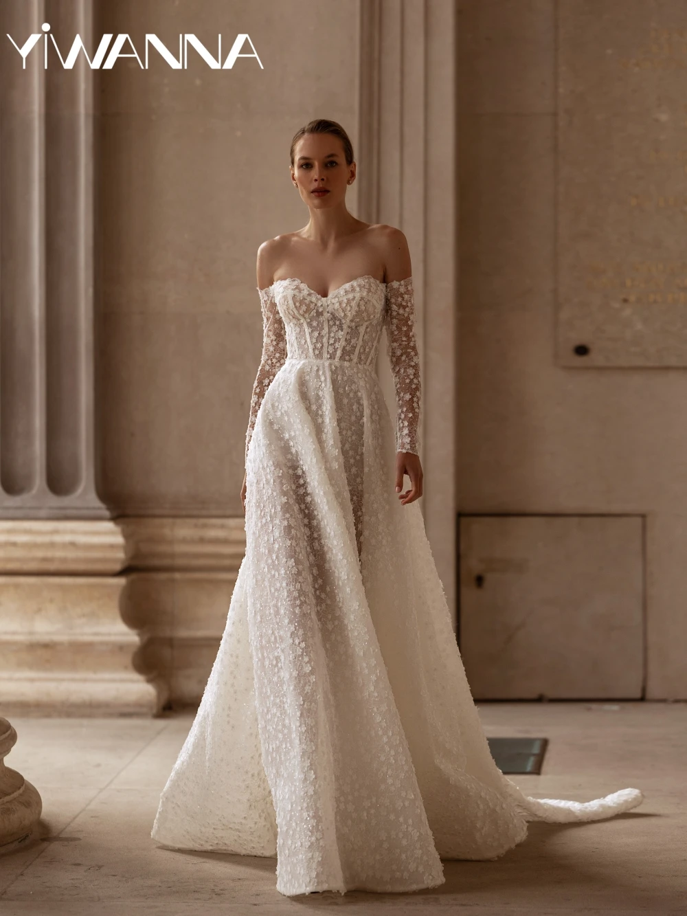 

Glitter 3D Flower Lace A-line Long Wedding Dress Romantic Sweetheart Neck Bridal Gown Customized Off Shoulder Dresses For Bride
