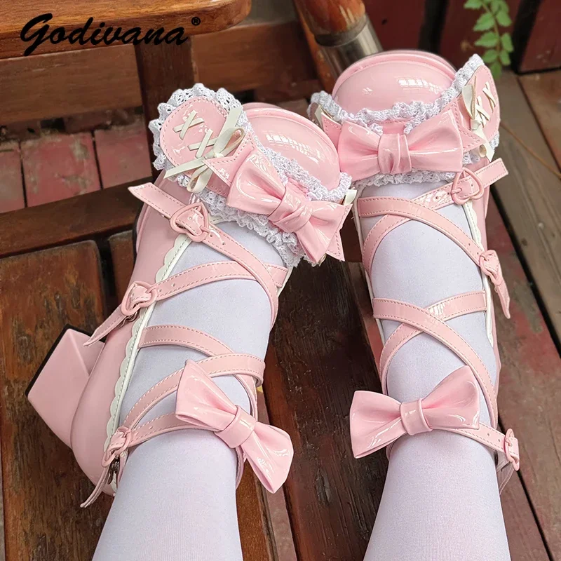 Lolita Patent Leather High Heels Sweet Japanese Round Head Cute Bow Rabbit Ear Mary Jane Shoes Spring Fall Ladies Pump Shoes