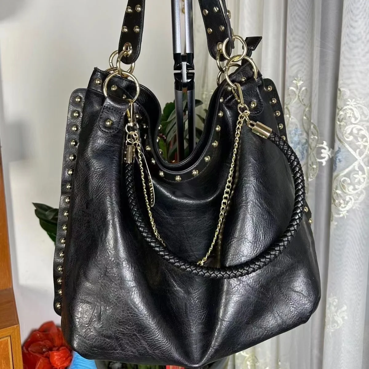 Bolso de cuero genuino con remaches para mujer, bolso de hombro, clásico, gran oferta