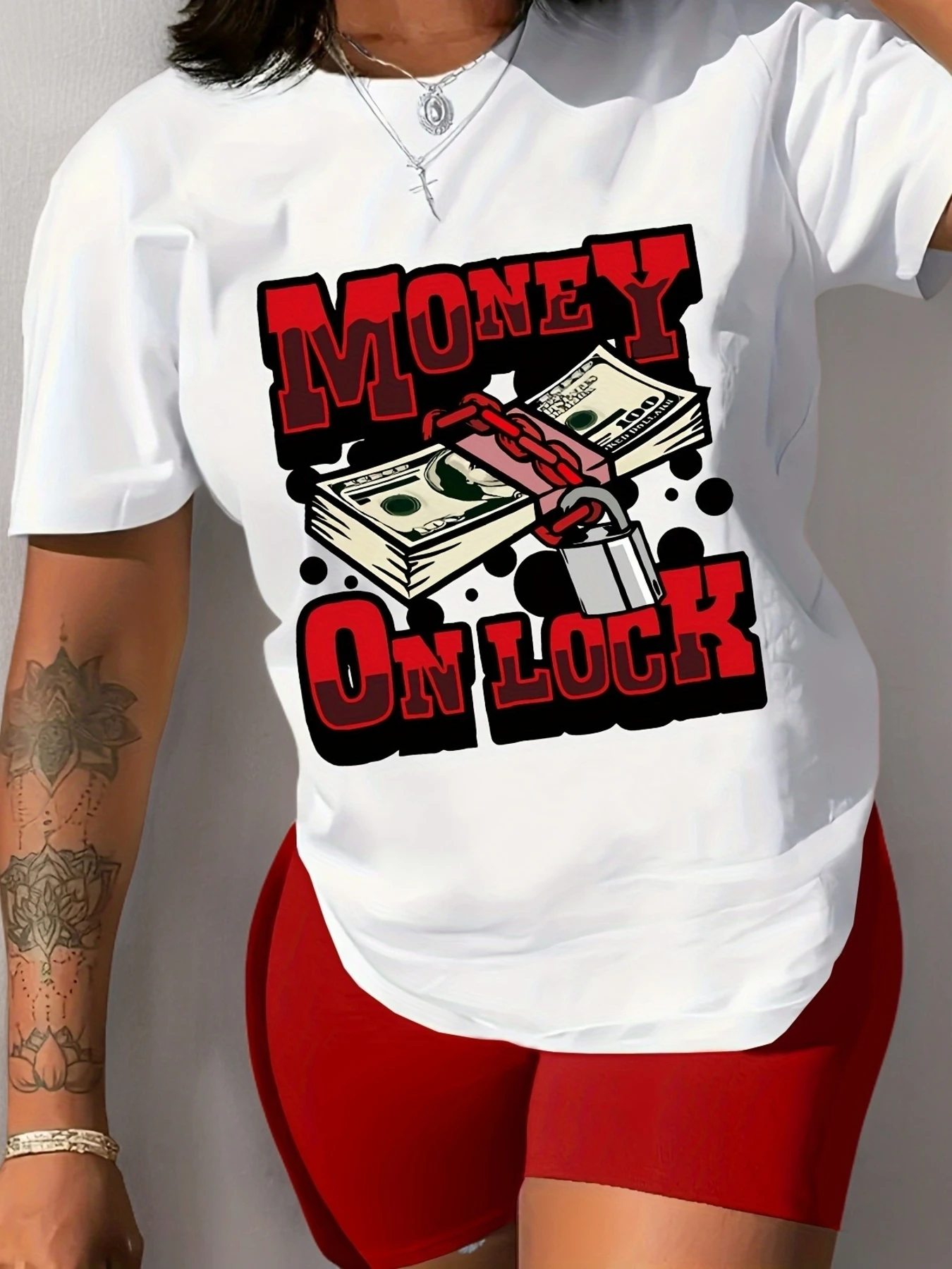 

Dollar& Letter Print Crew Neck T-Shirt, Casual Short Sleeve T-Shirt For Spring& Summer, Women'S Clothing