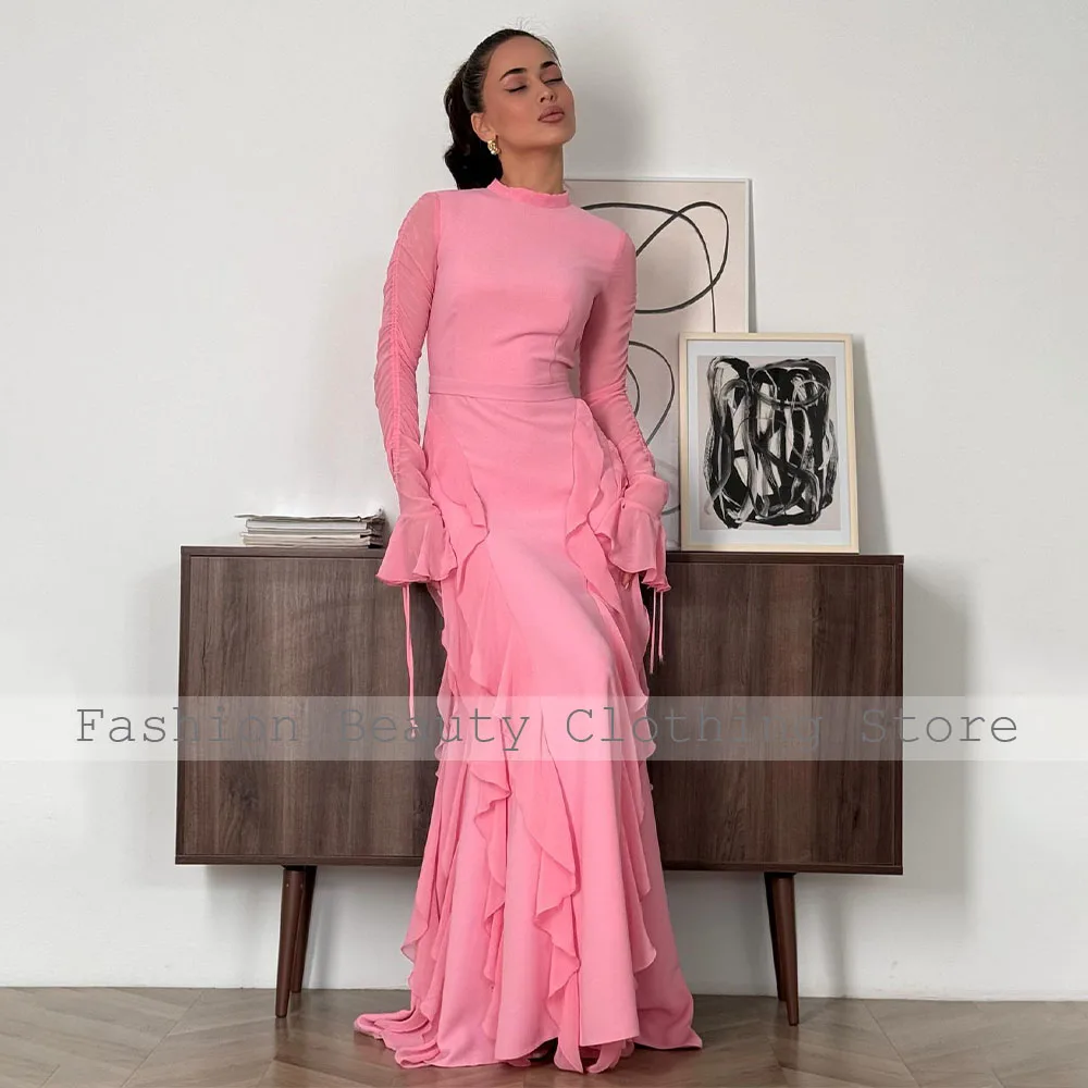 Wedding Guest Dress Women Modern Pink Chiffon Ruffles Flare Sleeve Party Straight High Collar Luxury Dresses Women 2024 Wedding