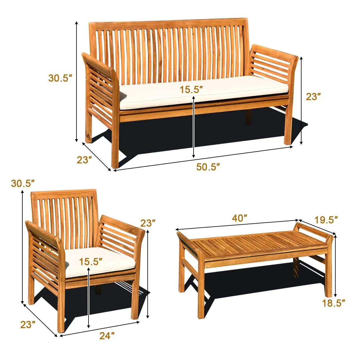 Acacia Wood Outdoor Sofa Set, Water Resistant Cushion Patio Conversation Furniture w/Coffee Table for Garden Backyard Poolside,