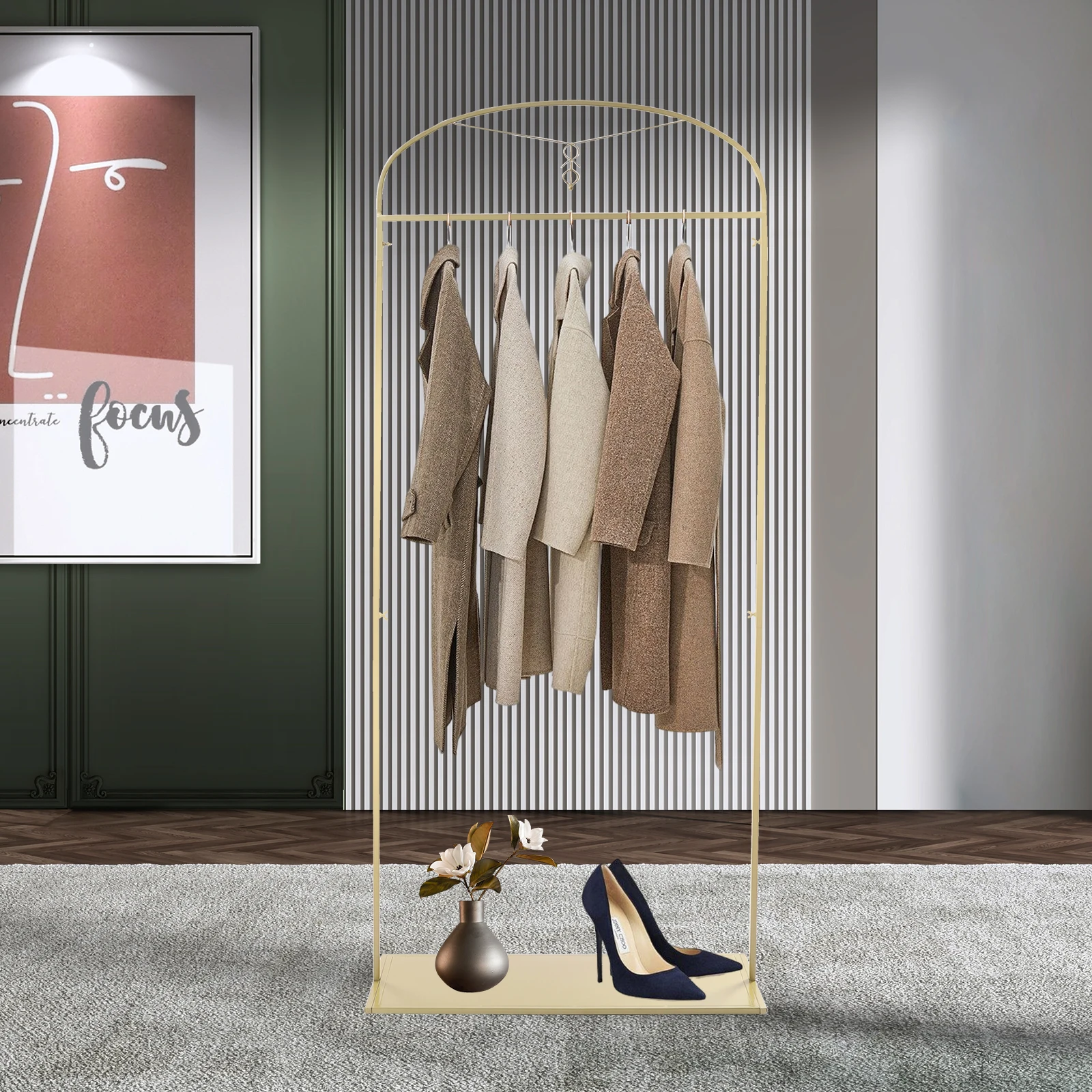 

Stylish Gold Garment Rack with Arched Shelf - Steel Construction, Holds 44lbs, Adjustable Feet, Easy Assembly for Closet Storage