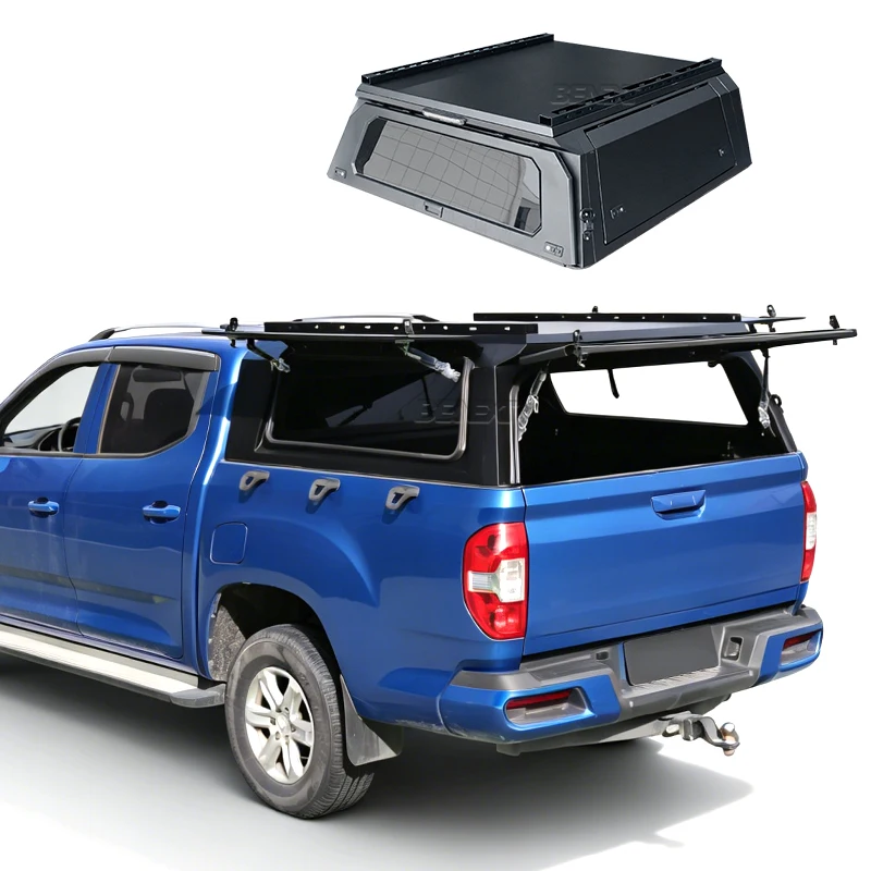 Pickup Truck Hardtop Canopy, Steel 3-Door Camper Cap with Spoiler for D-Max Navara Hilux Ranger, Heavy Duty Offroad Box, Black