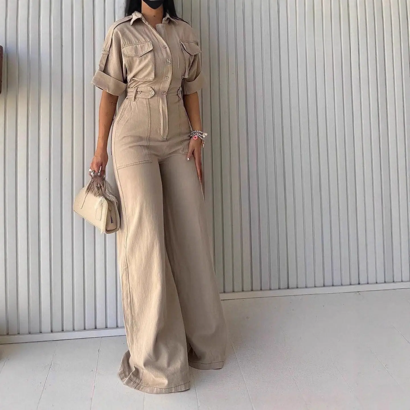 

Loose Fitted Low Waist Jumpsuit Women Casual Street Sle Workwear Long Pants Polyester Fiber Trousers