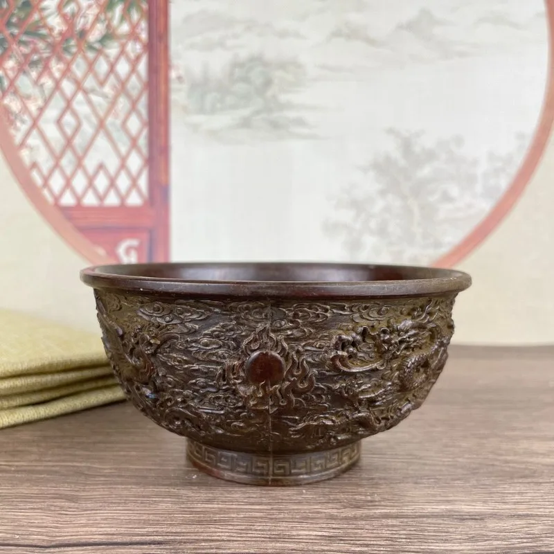 

Vintage Dragon Phoenix Bowl Treasure Pot Ornament for Attracting Wealth Metal Desk Decorations Collectible Figurine Home Decor