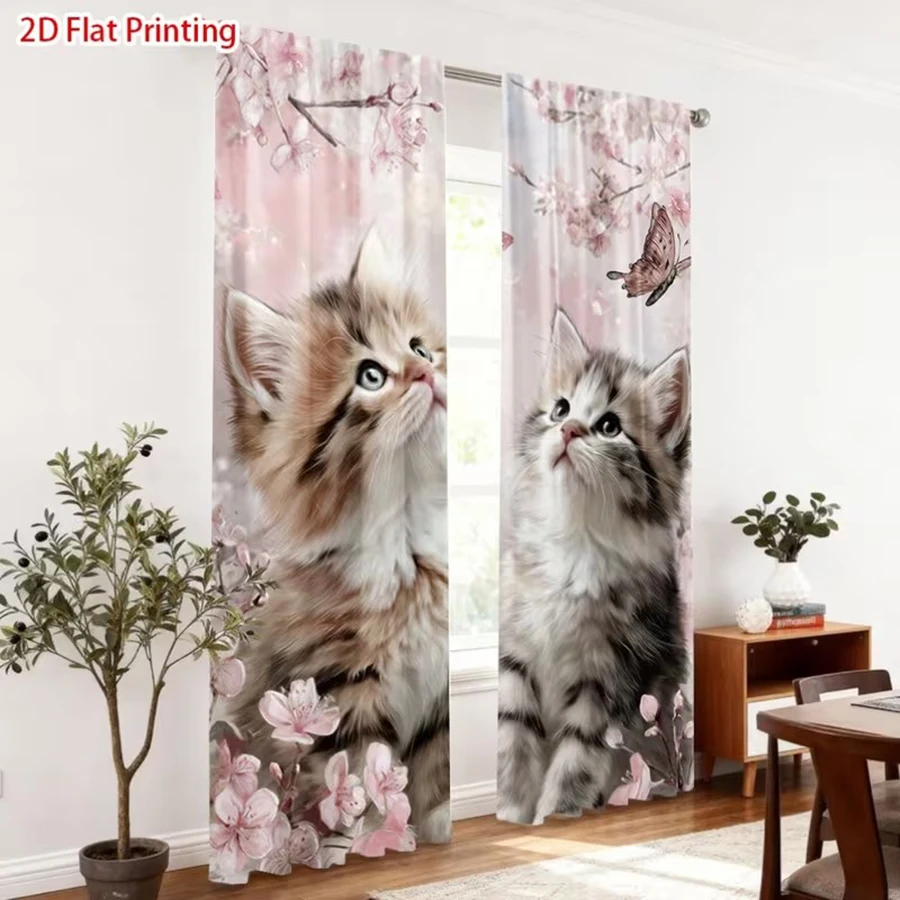 2PCS Cute Kitten Cherry Blossom Butterfly Print Curtains, Applicable to floral curtains, window curtains, print curtains