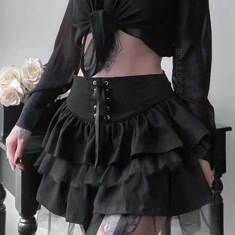 Woman 2026 Vintage Lace Fold Design Rock Pie Punk Hottie Y2K Lace Black Skirt Niche A-line Built in Shorts Spicy Girl Hotsweet