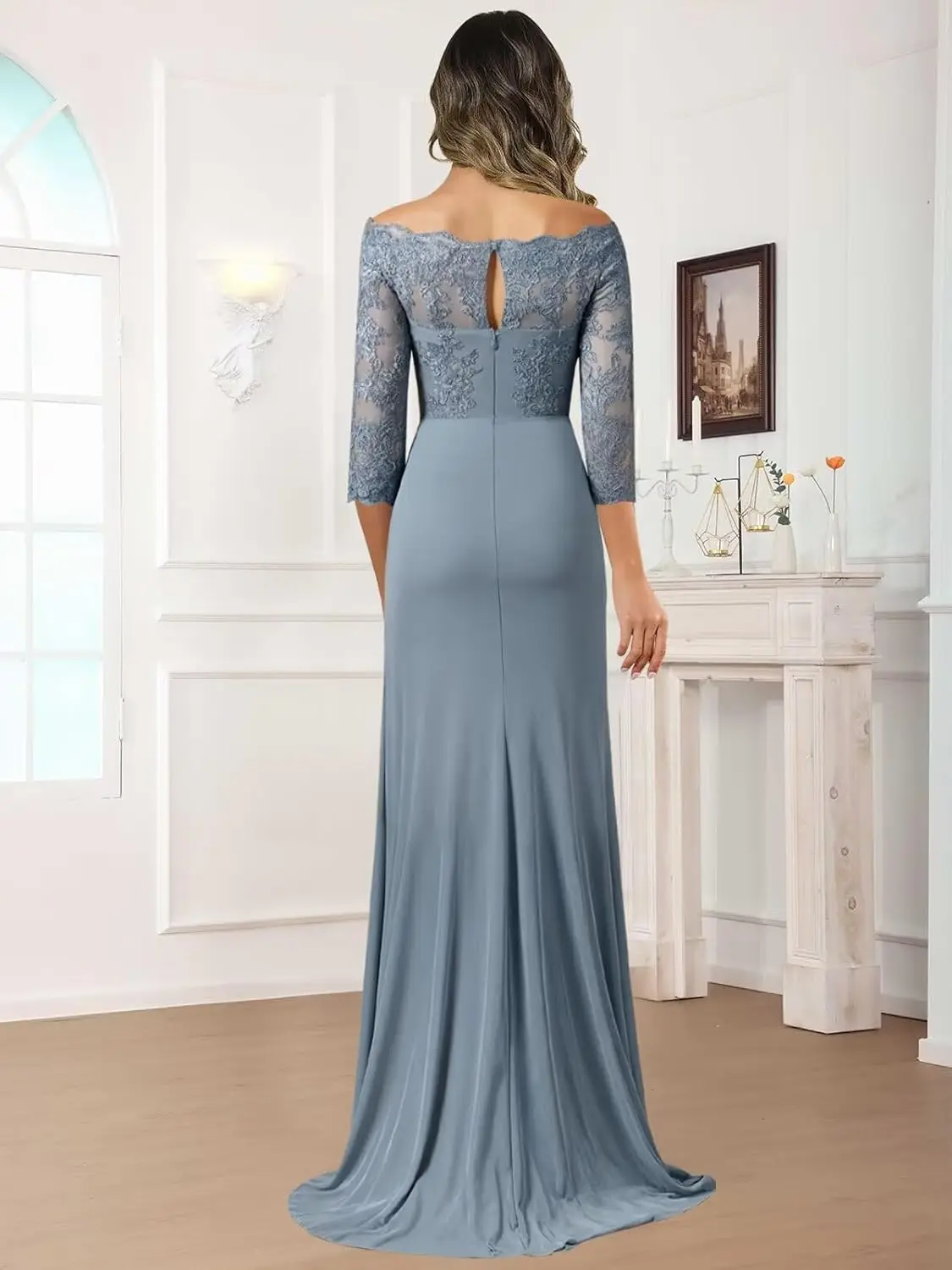 فساتين أم العروس للنساء من الشيفون والدانتيل، فستان رسمي طويل مكشوف الكتفين بأكمام