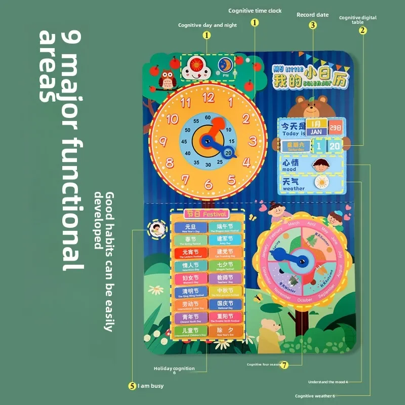 Kinderkalender, ruhiges Paste-Buch, lustiges Flipchart-Spiel, Lernen, frühe Bildung, Puzzle-Training, Uhr, Erkenntnis, pädagogisches Spielzeug