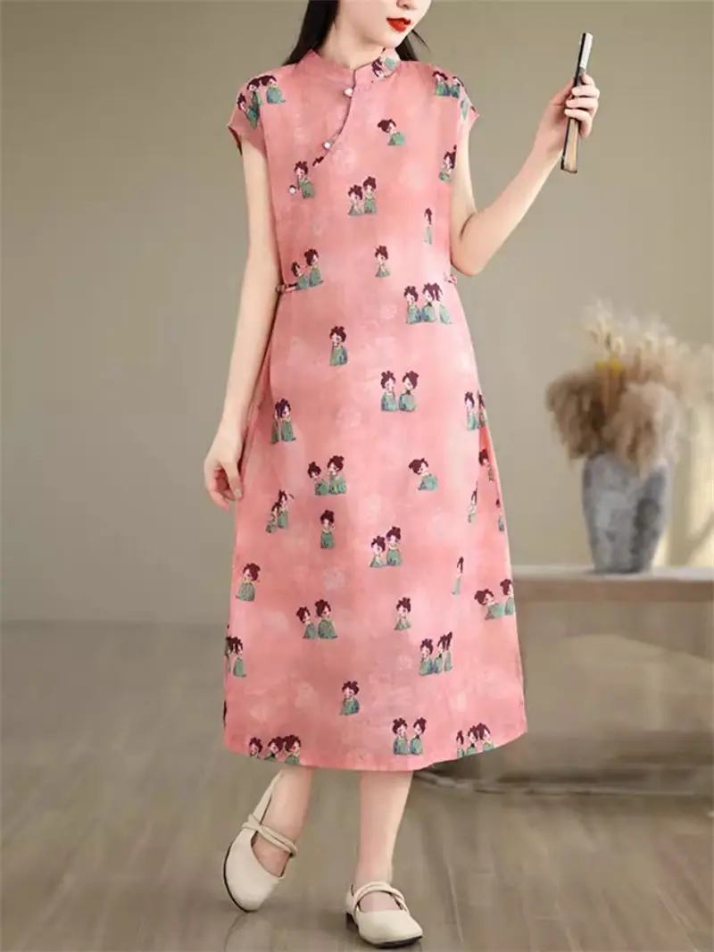 

Chinese Style Slanted Breasted Button Stand Collar Printed Dress Women Summer National Improved Cheongsam Side Slit Dress K1621