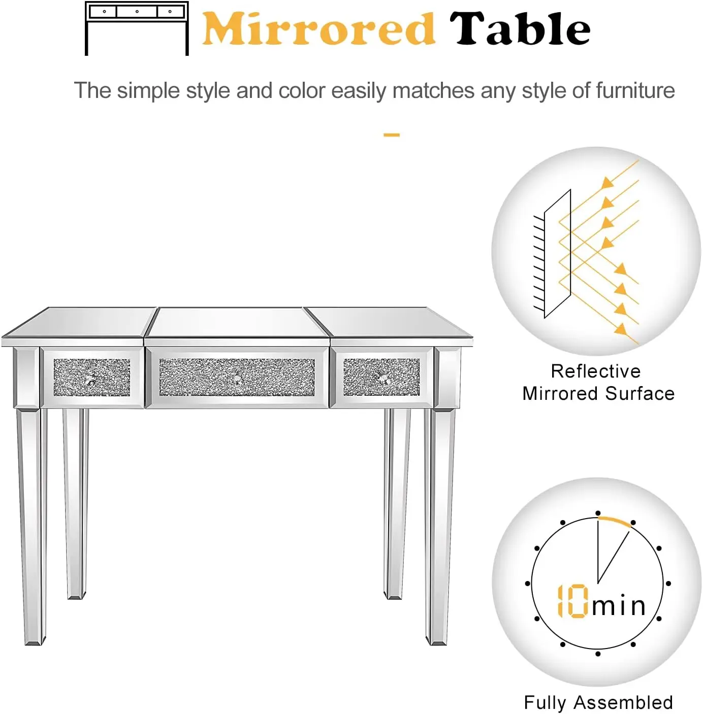 Mirrored Vanity Desk with Drawers Bedroom Makeup Vanity Table Set with Mirror and Stool Flip Up Dressing Table Small Makeup Stan