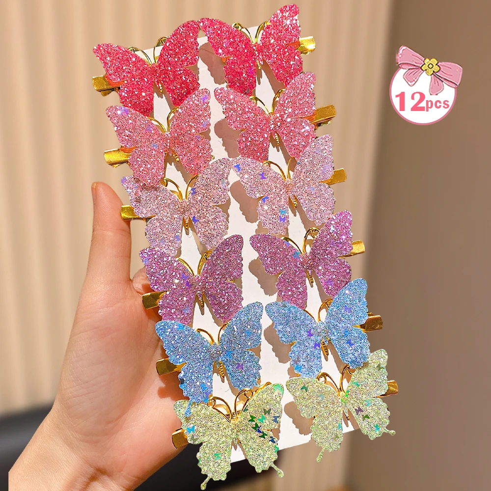 12  pcs  Sparkling Pink Butterfly Hair Clips Set for Girls Dazzling Colors Cute Hair Accessories for Daily Use And Parties
