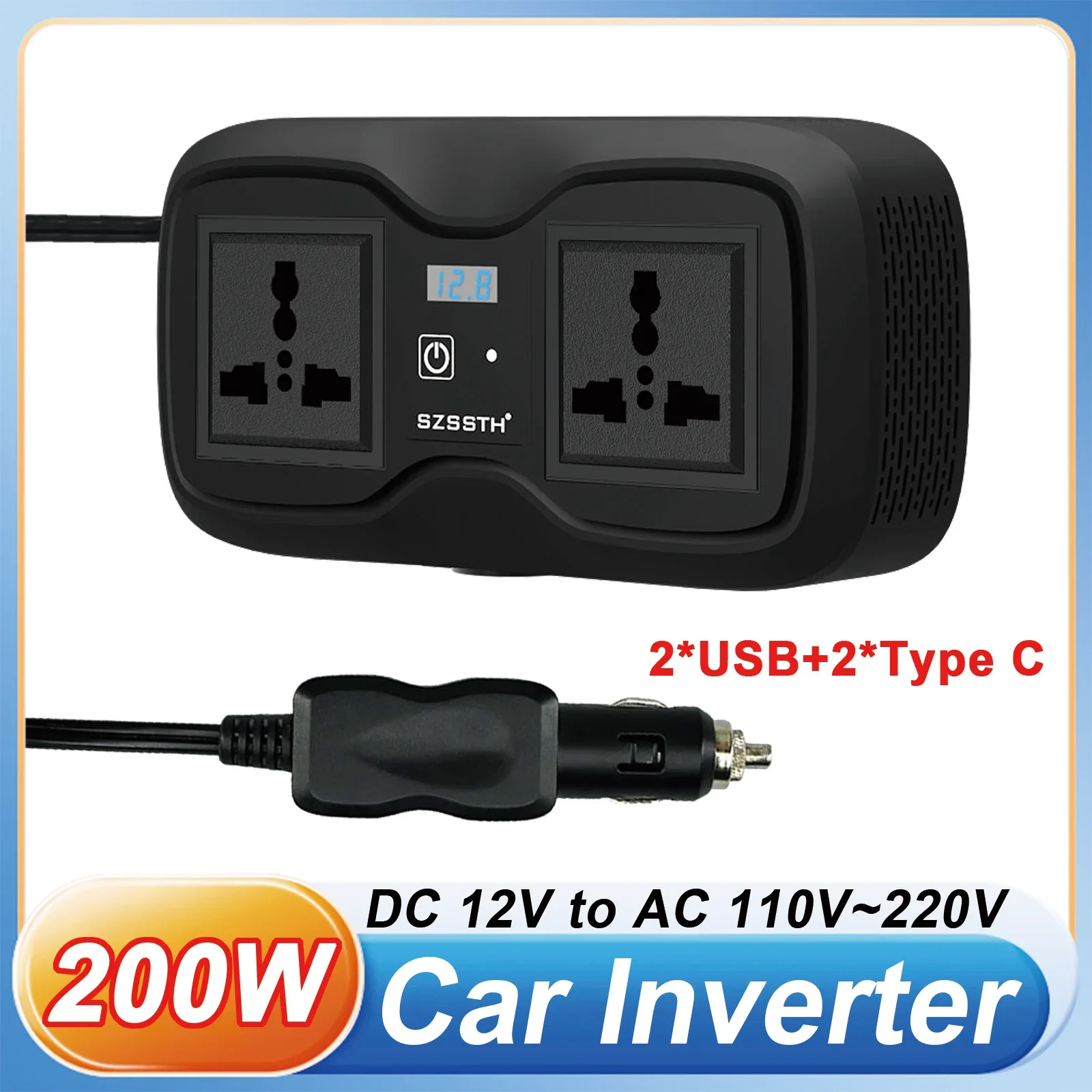 

200W Car Inverter DC 12V to AC 110V/220V Car Power Converter Car Cigarette Lighter Adapter Featuring Two Power Sockets
