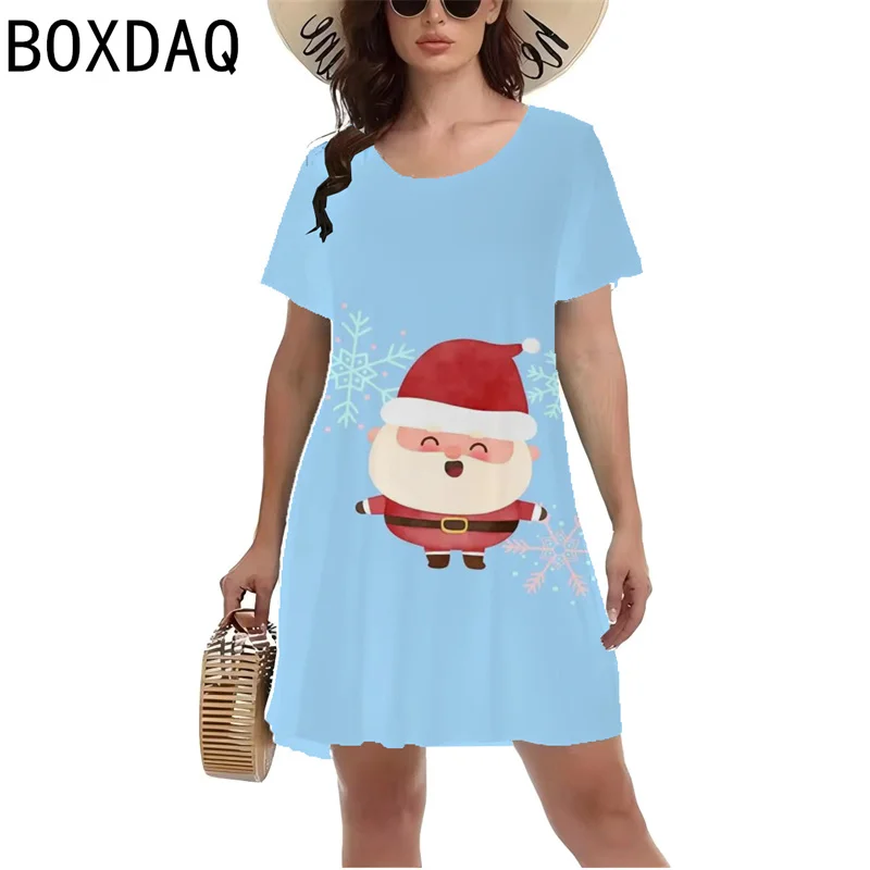 Summer New Women Christmas Party Dress Big Size Short Sleeve O-Neck Casual A-Line Dress Cartoon Cute 3D Santa Claus Print Dress