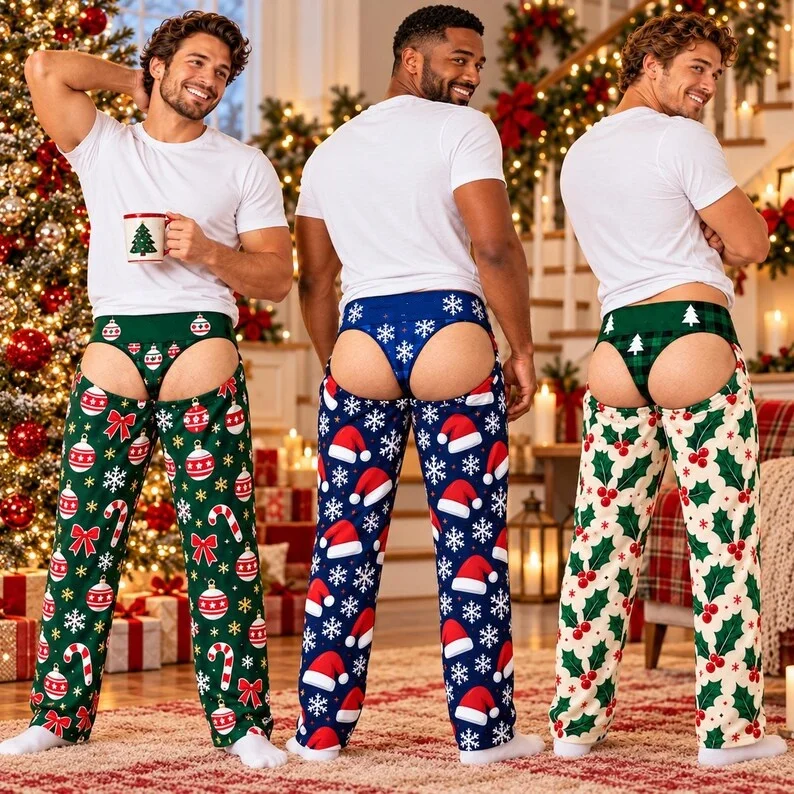 Novelty Christmas Couple Lounge Pants Gingerbread Cookie Fake Butt Graphic Print Loose Wide Leg Trousers Ugly Xmas Party Costume