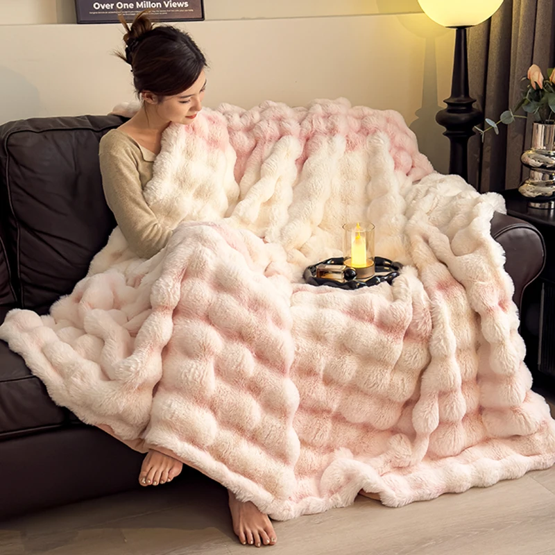  Bubble Rabbit Fur Blanket Coral Velvet Office Nap Blanket Thickened Flocking Cover Winter Warm Cozy Versatile Blanket