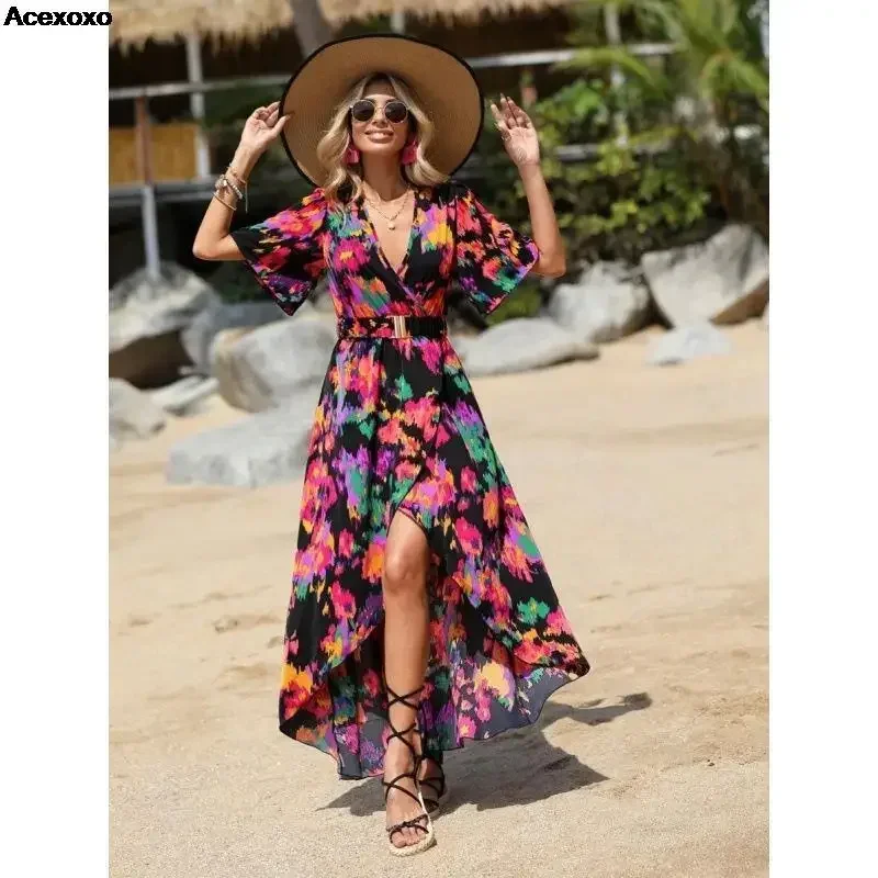 

2023 summer new women's fashion casual dye print puffed sleeve slit deep V irregular beach dress