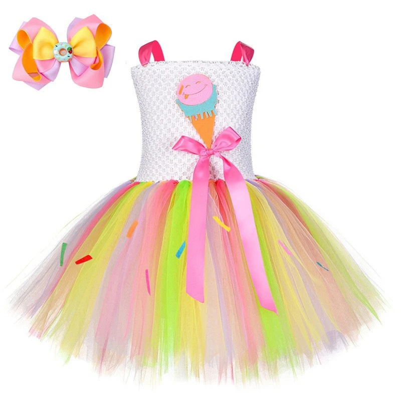 Kids Ice Cream Cone Costume Birthday Party Tutu Dress Sweet Rainbow Candy Tulle Princess Dress Baby Kids Carnival Holiday Dress1