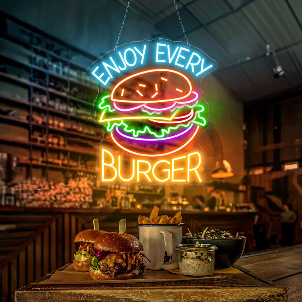 Burger Neon Sign Custom Enjoy Every Burger Led Neon Sign Restaurant Home Wall Decor Fast Food Hamburger Bar Opening Neon Light