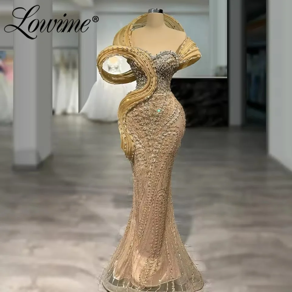 

Lowime с открытыми плечами, золотое платье русалки цвета шампанского для выпускного вечера, длинные 2021, арабские вечерние платья по индивидуальному заказу, вечерние платья с кристаллами
