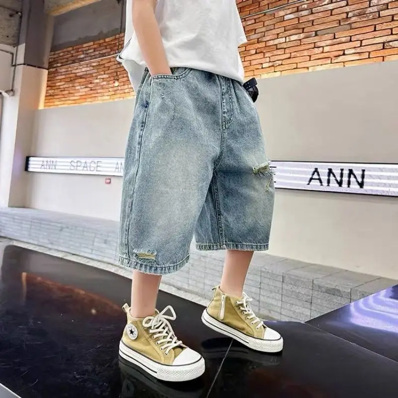 New Summer Kids Boy Blue Color Ripped Denim Shorts With Letters Children Stylish Streetwear Casual Shorts Age 2 To 11 Years Old