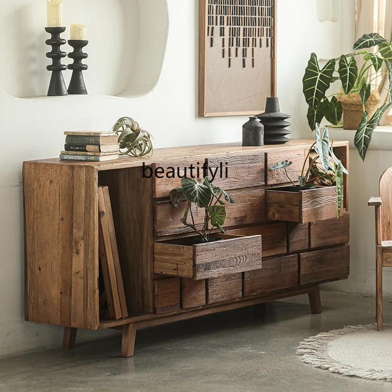 Old Elm Wood Sideboard Cabinet American Country Retro Distressed Solid Wood Locker Living Room Wall Cabinet