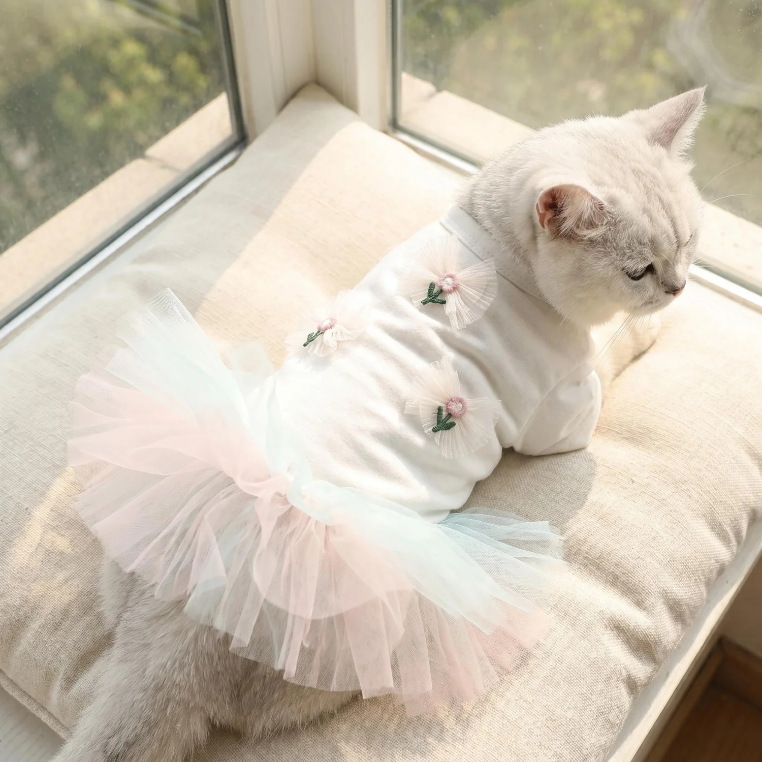 1 Stück Süßes Netzblumen-Hundekleid mit Kontrastfarbenem Tüllrock für Bichon Malteser Frühling Sommer Haustierkleidung