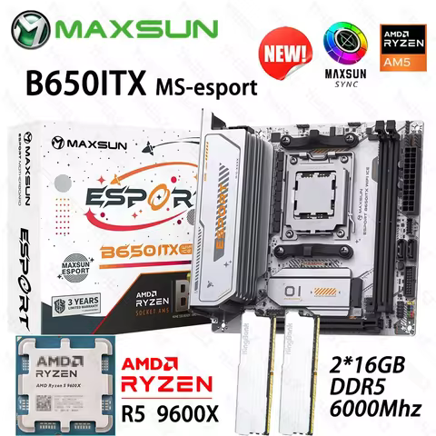 Maxsun B650M eSport Motherboard Set AM5 R5 9600X 2*16GB 6000Mhz DDR5 RAM Support 1*Pcie5.0x16 M.2 ARGB WIFI 6 Onboard B650 ITX